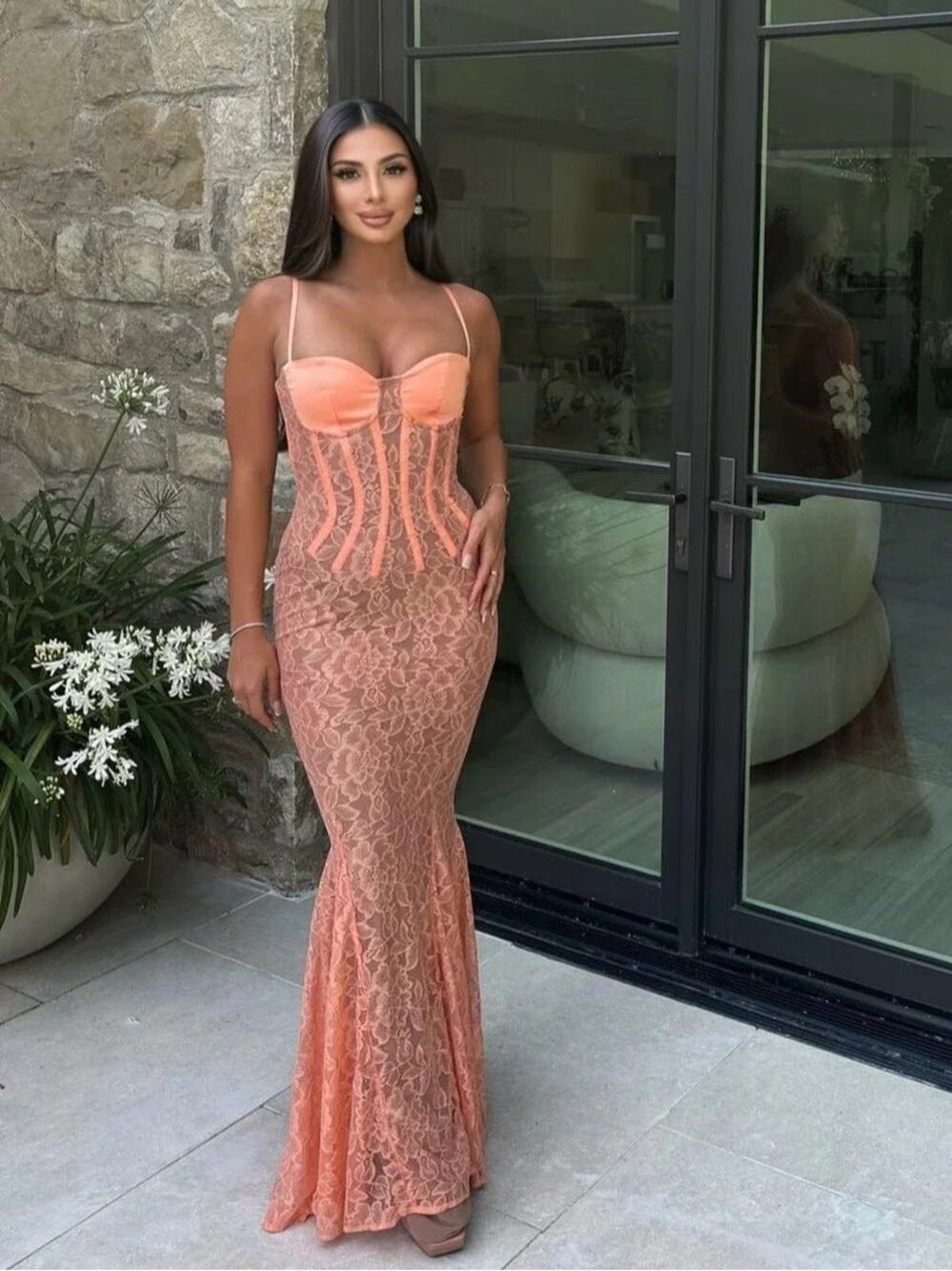 House of CB Cordelia Sorbet Lace Godet Maxi Dress XS
